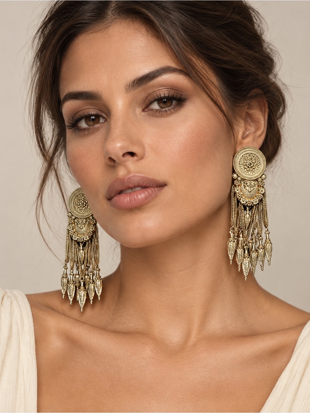 ZARA Gold Tone Filigree Fringe Statement Earrings